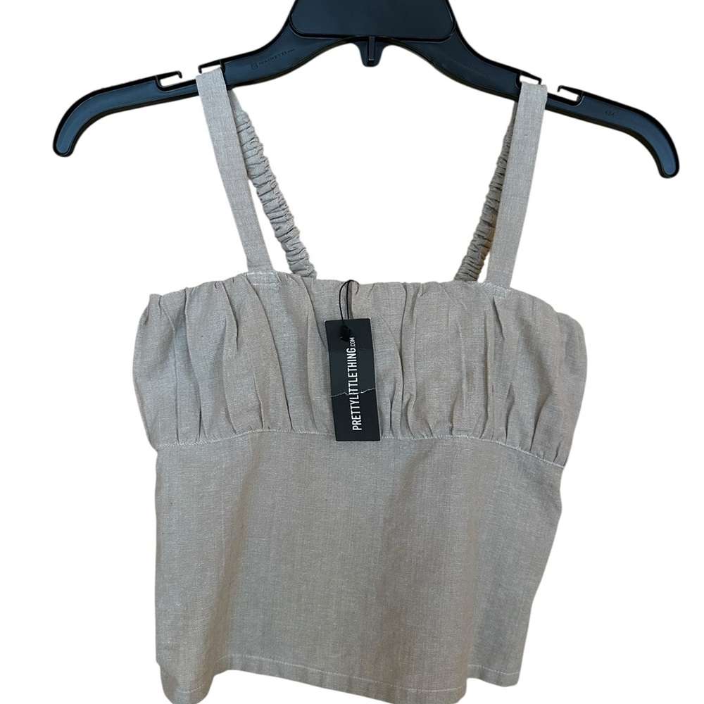 PLT NWT Stretch Crop Top Marl Linen Cotton Tan Elastic Gathered Bust Sz 2 Resort